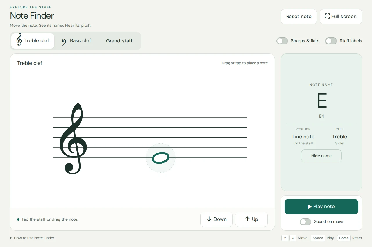 Note Finder showing a treble staff, a movable note, and its note name